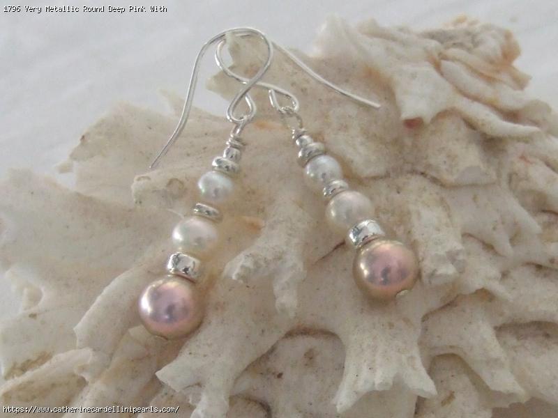 Very Metallic Round Deep Pink With Smaller White Freshwater Pearl Earrings