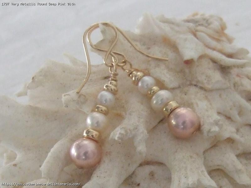 Very Metallic Round Deep Pink With Smaller White Freshwater Pearl Earrings