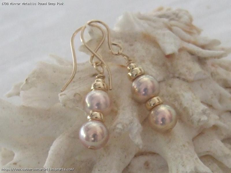 Mirror Metallic Round Deep Pink Freshwater Pearl Earrings