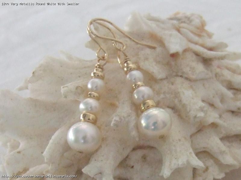 Very Metallic Round White With Smaller White Freshwater Pearl Earrings