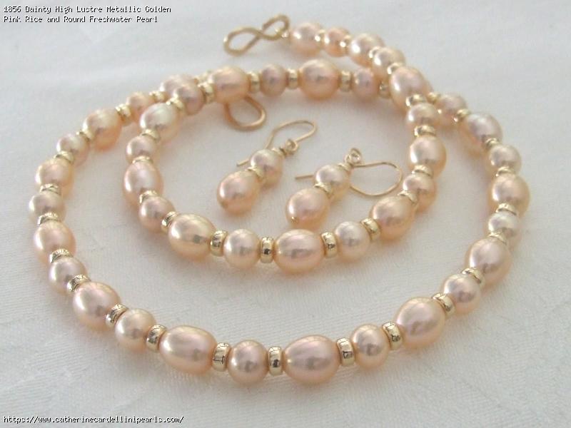 Dainty High Lustre Metallic Golden Pink Rice and Round Freshwater Pearl Necklace and Earring Set