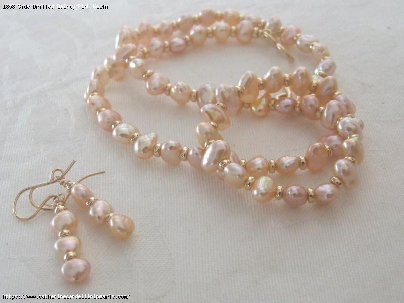 Side Drilled Dainty Pink Keshi Freshwater Pearl Necklace and Earring Set