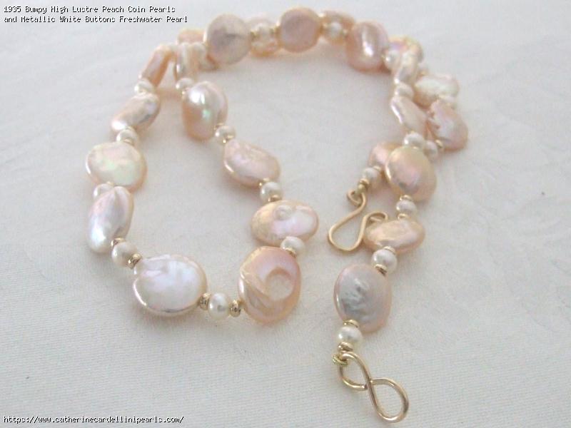 Bumpy High Lustre Peach Coin Pearls and Metallic White Buttons Freshwater Pearl Longer Necklace