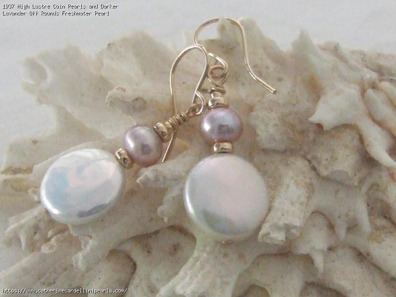 High Lustre Coin Pearls and Darker Lavander Off Rounds Freshwater Pearl Earrings