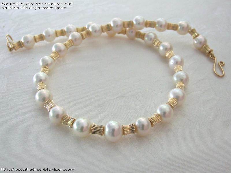 Metallic White Oval Freshwater Pearl and Rolled Gold Ridged Concave Spacer Choker