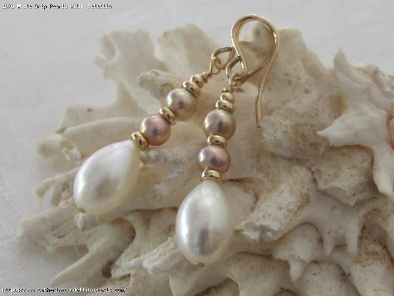 White Drip Pearls With  Metallic Lavender Rose Freshwater Pearl Earrings