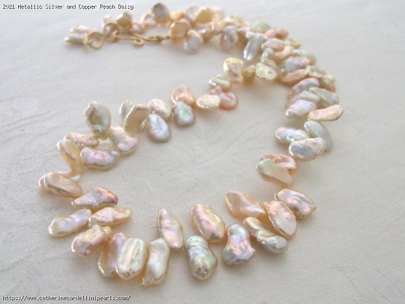 Metallic Silver and Copper Peach Daisy Petal Keshi Freshwater Pearl Necklace