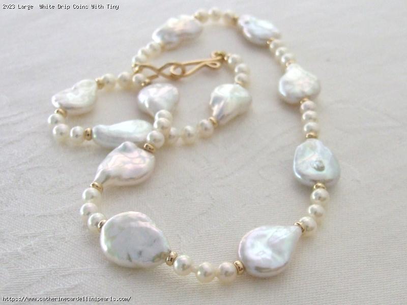 Large  White Drip Coins With Tiny Round Freshwater Pearl Necklace
