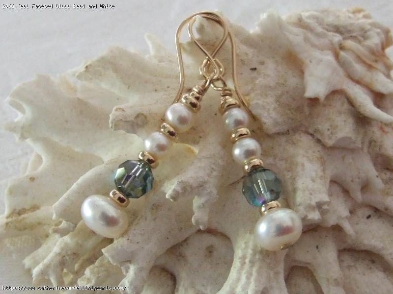 Teal Faceted Glass Bead and White Button Freshwater Pearls Drop Earrings