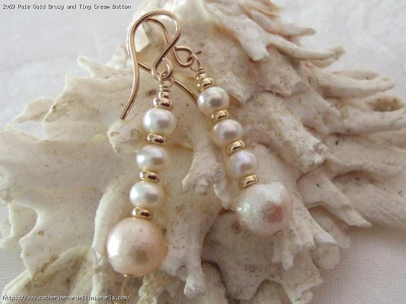 Pale Gold Drusy and Tiny Cream Button Freshwater Pearls Earrings