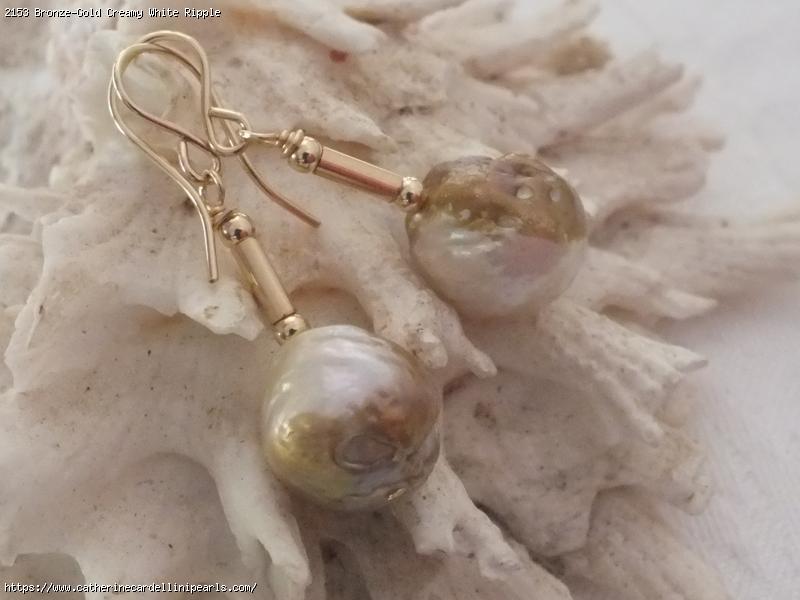 Bronze-Gold Creamy White Ripple freshwater Pearl Earrings