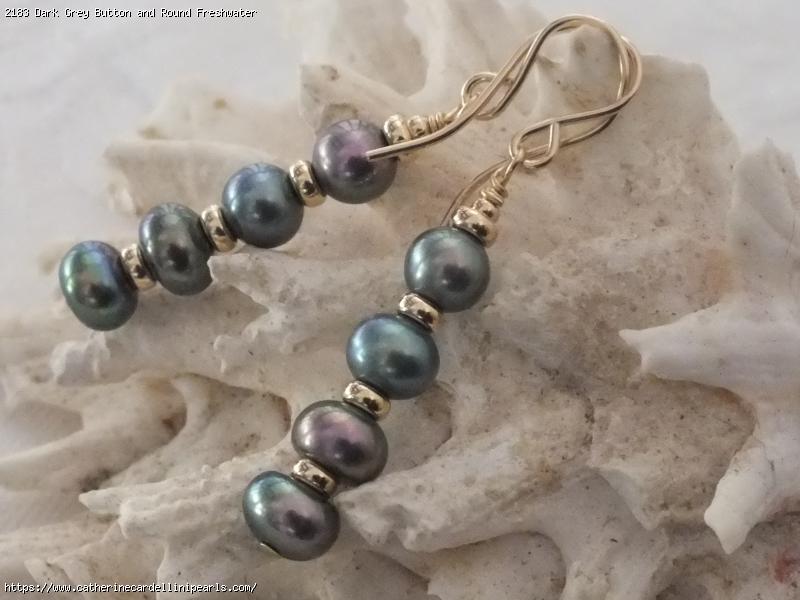 Dark Grey Button and Round Freshwater Pearls Earrings