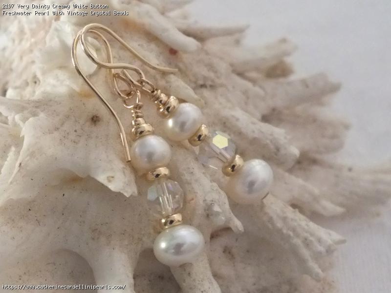 Very Dainty Creamy White Button Freshwater Pearl With Vintage Crystal Beads Earrings
