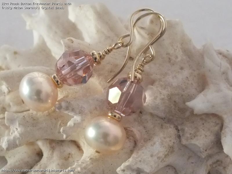 Peach Button Freshwater Pearls with Tricky Melon Swarovski Crystal Beads Earrings