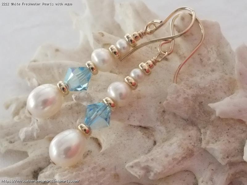 White Freshwater Pearls with Aqua Swarovski Crystal Beads Earrings