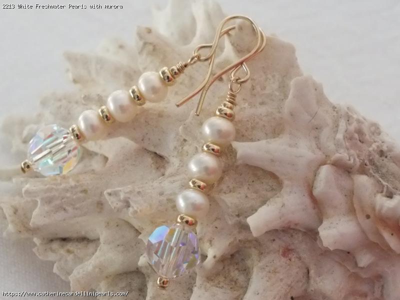 White Freshwater Pearls with Aurora Borealis Swarovski Crystal Bead Earrings