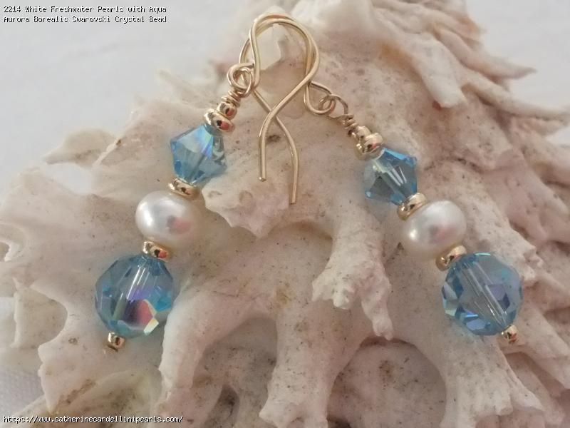 White Freshwater Pearls with Aqua Aurora Borealis Swarovski Crystal Bead Earrings