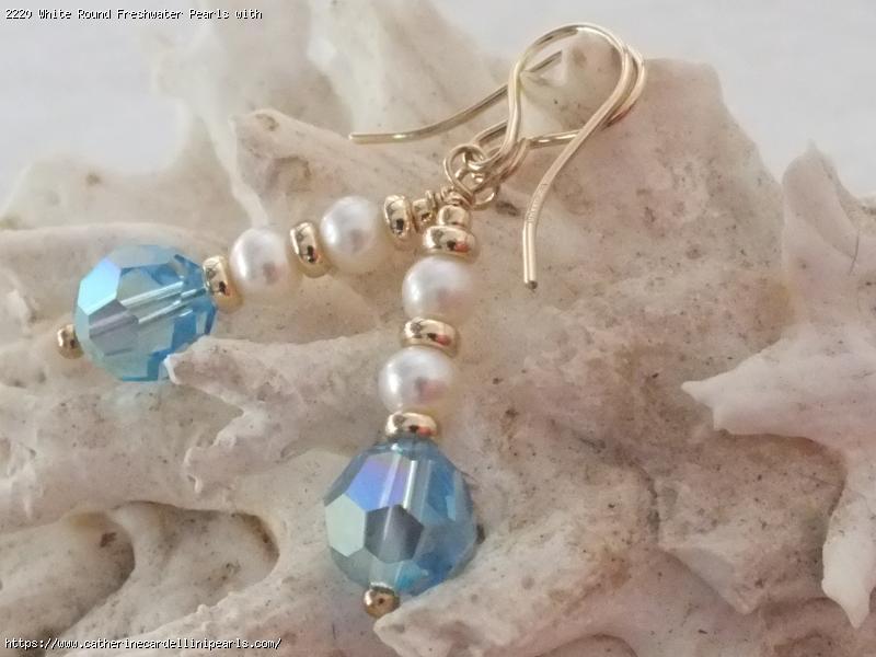 White Round Freshwater Pearls with Aqua AB Swarovski Crystal Beads Earrings