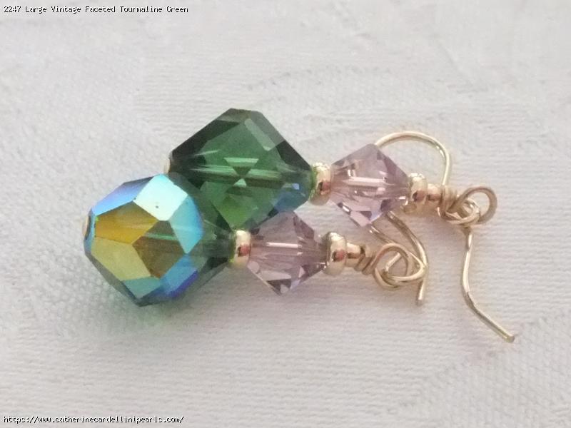 Large Vintage Faceted Tourmaline Green and  Bicone Swarovski Crystal Earrings