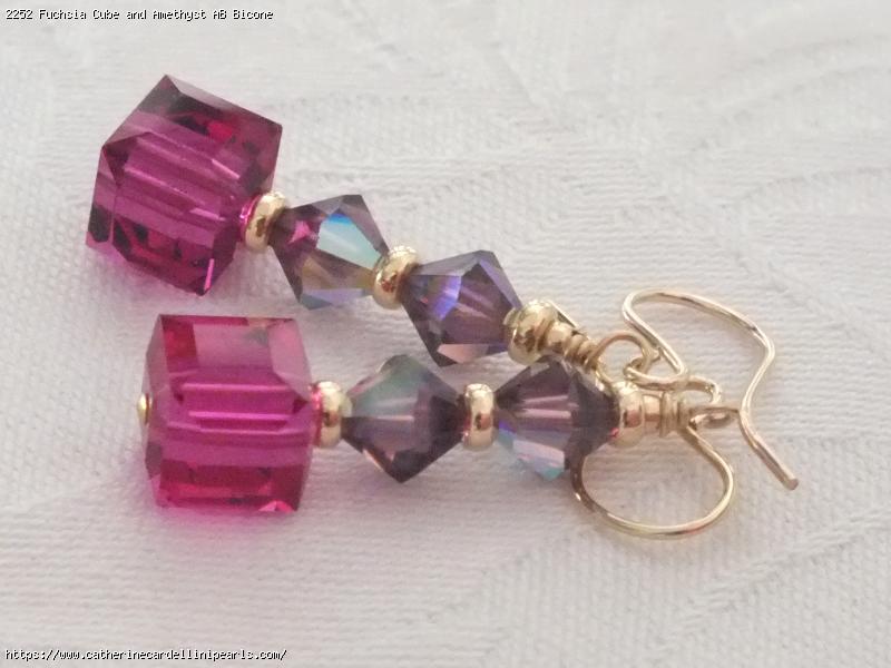 Fuchsia Cube and Amethyst AB Bicone Swarovski Crystal Earrings