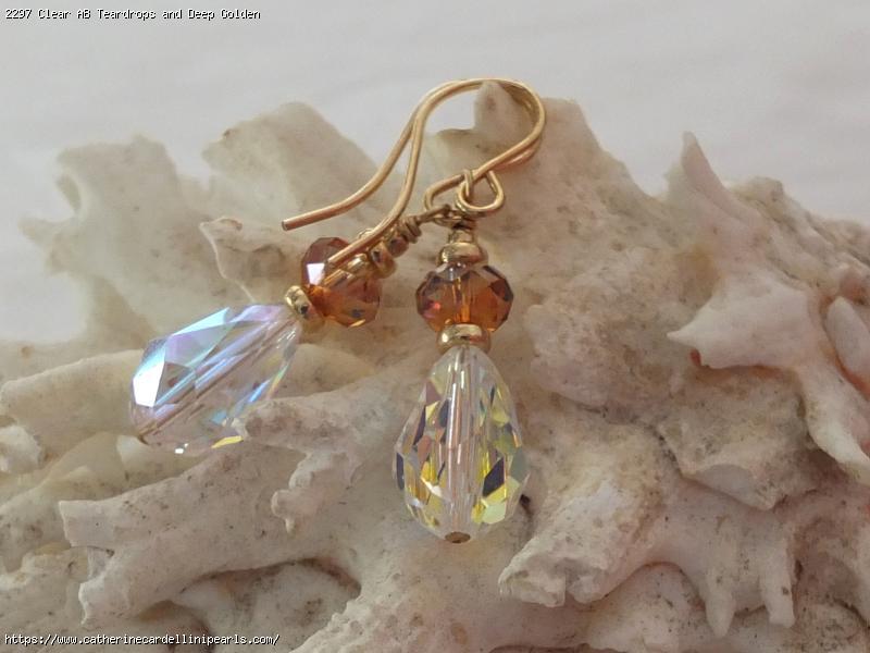 Clear AB Teardrops and Deep Golden Rondells Swarovski Crystal Earrings