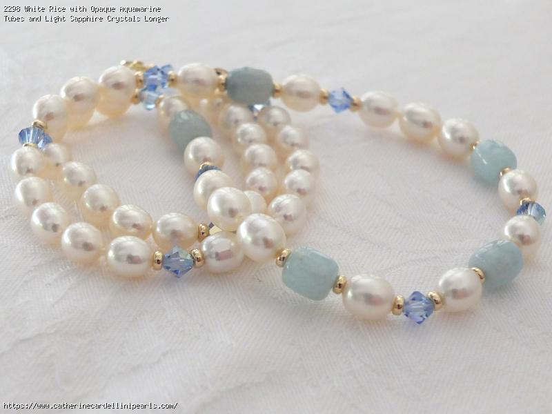 White Rice with Opaque Aquamarine Tubes and Light Sapphire Crystals Longer Necklace