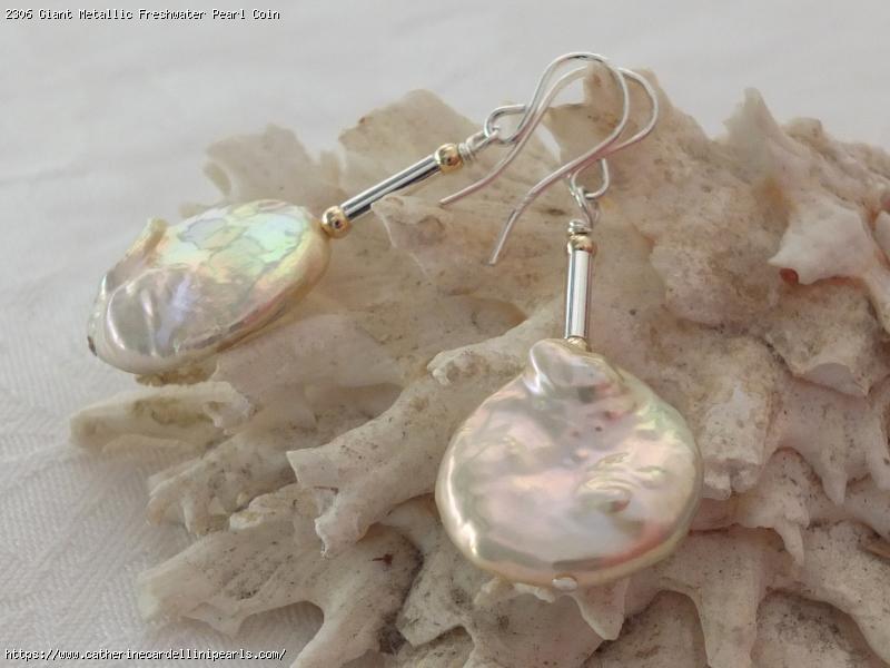 Giant Metallic Freshwater Pearl Coin and Rod Earrings