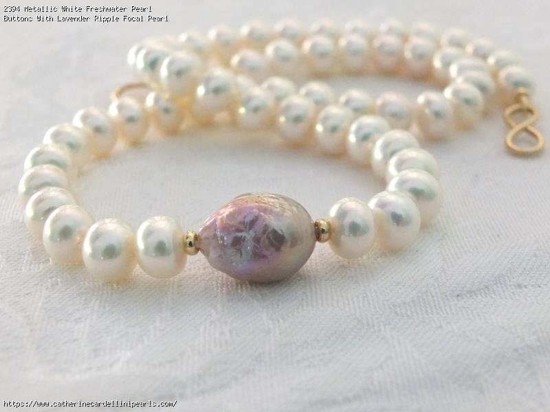 Metallic White Freshwater Pearl Buttons With Lavender Ripple Focal Pearl Necklace