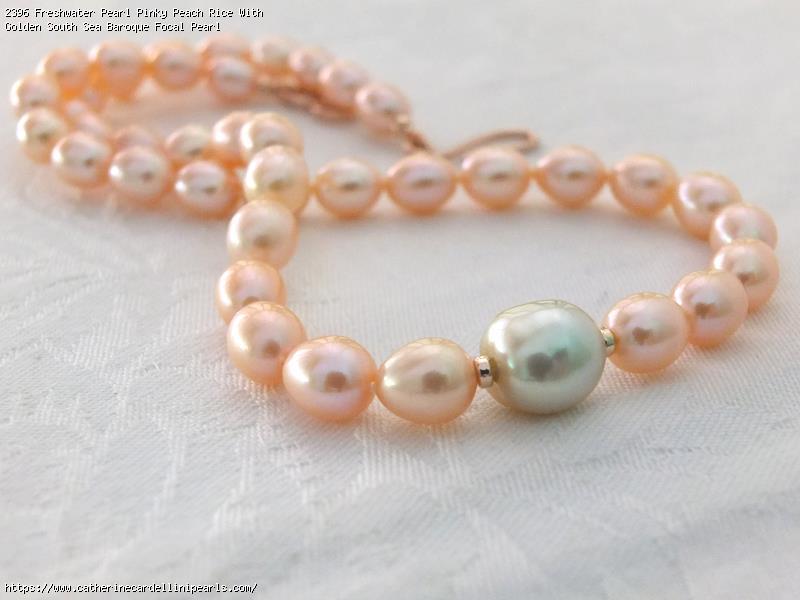 Freshwater Pearl Pinky Peach Rice With Golden South Sea Baroque Focal Pearl Necklace