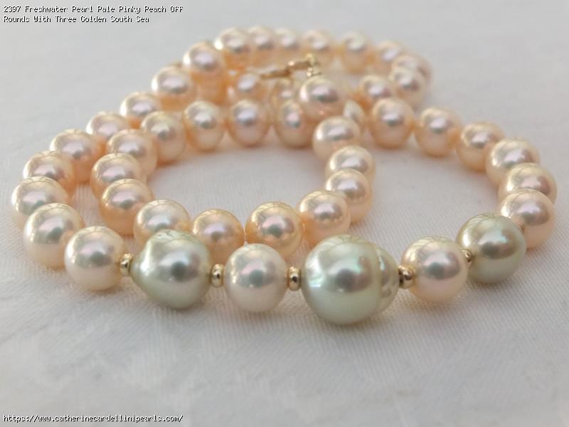 Freshwater Pearl Pale Pinky Peach Off Rounds With Three Golden South Sea Baroque's Pearl Necklace