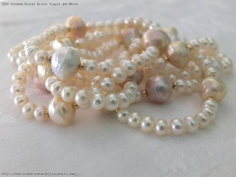 Rainbow Pastel Discus Ripple and White Button Freshwater Pearl Rope - Fiona