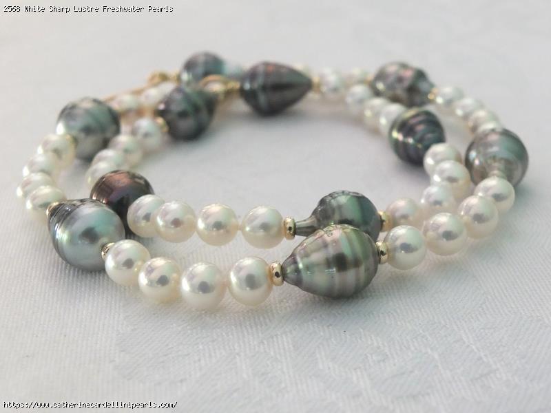 White Sharp Lustre Freshwater Pearls with Circled Tahitian Pearl Necklace