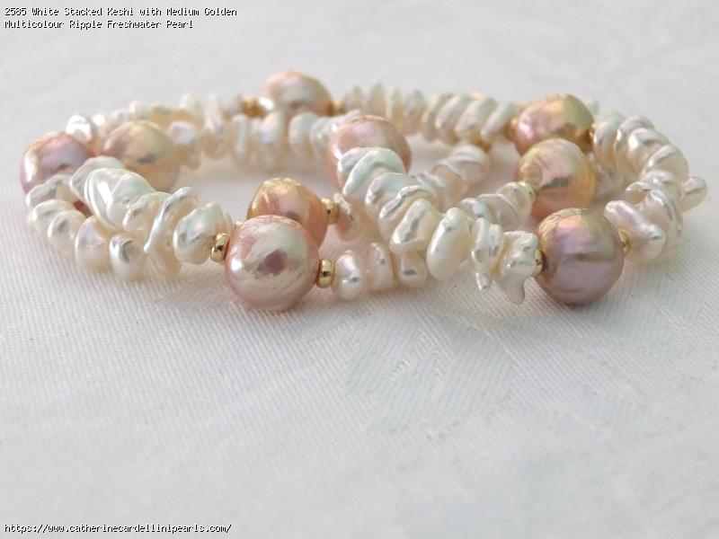 White Stacked Keshi with Medium Golden Multicolour Ripple Freshwater Pearl Necklace