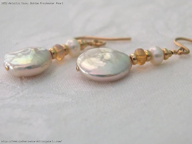 Metallic Coin, Button Freshwater Pearl and Ethiopian Opal Rondelle Earrings