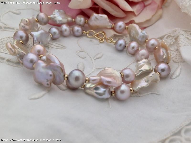 Metallic Iridescent Large Keshi with Tropical Freshwater Pearl Necklace