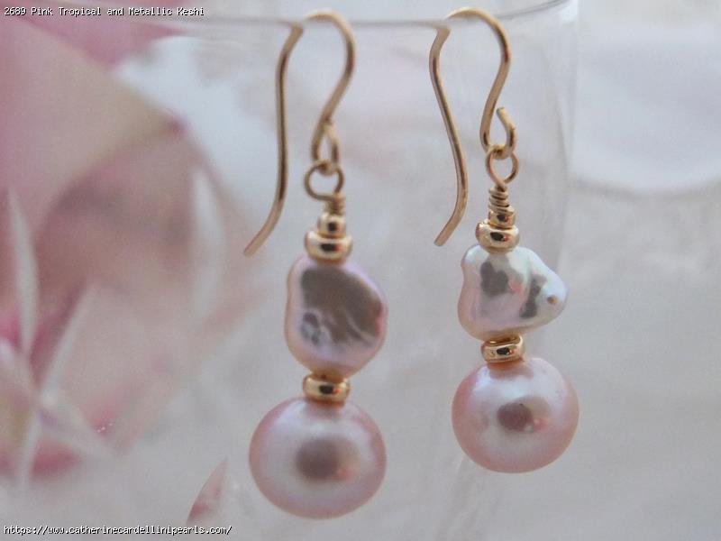 Pink Tropical and Metallic Keshi Freshwater Pearl Earrings