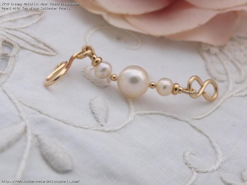 Creamy Metallic Near Round Freshwater Pearl with Two Akoya Saltwater Pearls Necklace Extender