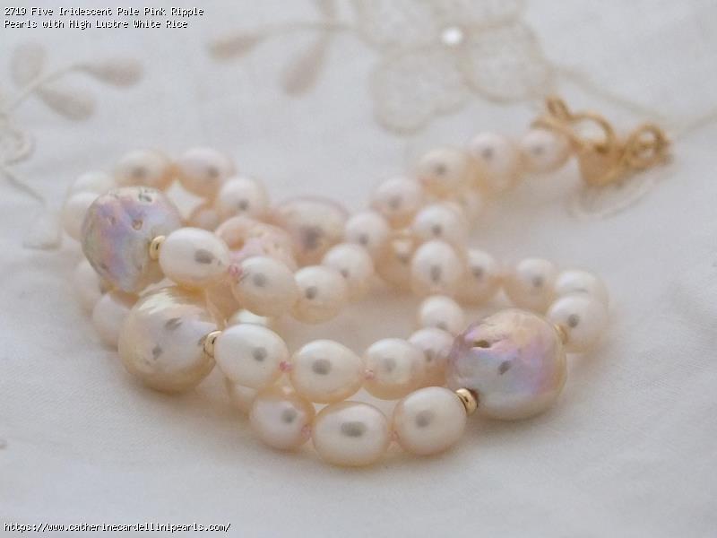 Five Iridescent Pale Pink Ripple Pearls with High Lustre White Rice Freshwater Pearl Necklace