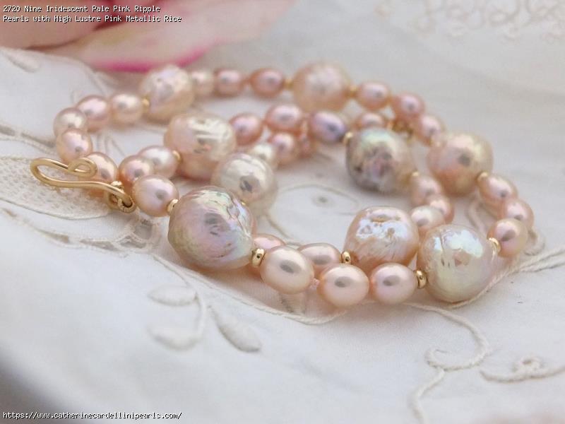 Nine Iridescent Pale Pink Ripple Pearls with High Lustre Pink Metallic Rice Freshwater Pearl Necklace