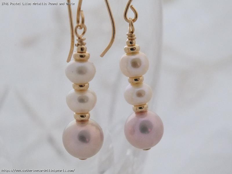 Pastel Lilac Metallic Round and White Button Freshwater Pearl Earrings