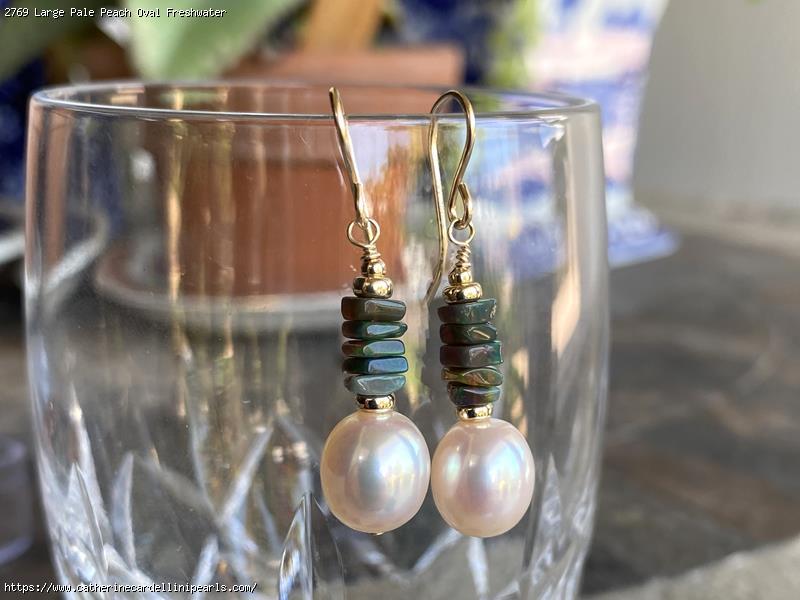 Large Pale Peach Oval Freshwater Pearls with Stacked Black Opals Earrings