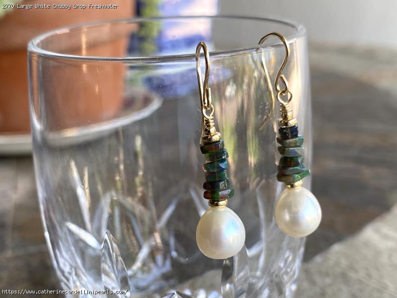 Large White Chubby Drop Freshwater Pearls with Stacked Black Opals Earrings
