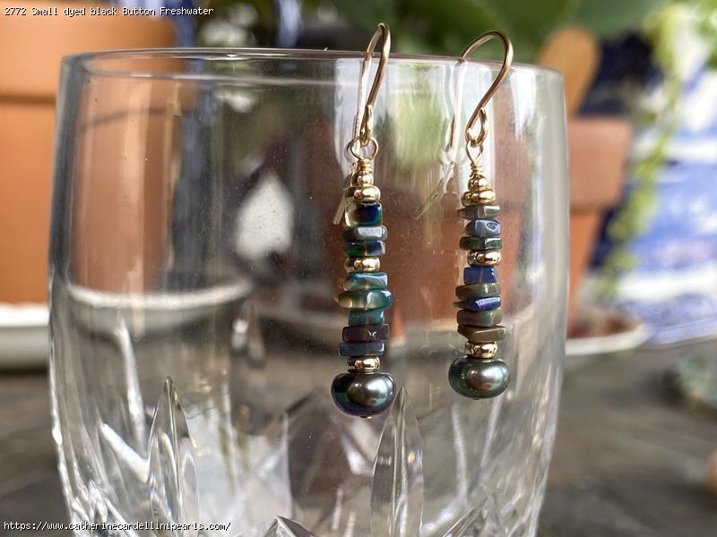 Small dyed black Button Freshwater Pearls with Stacked Black Opals Earrings