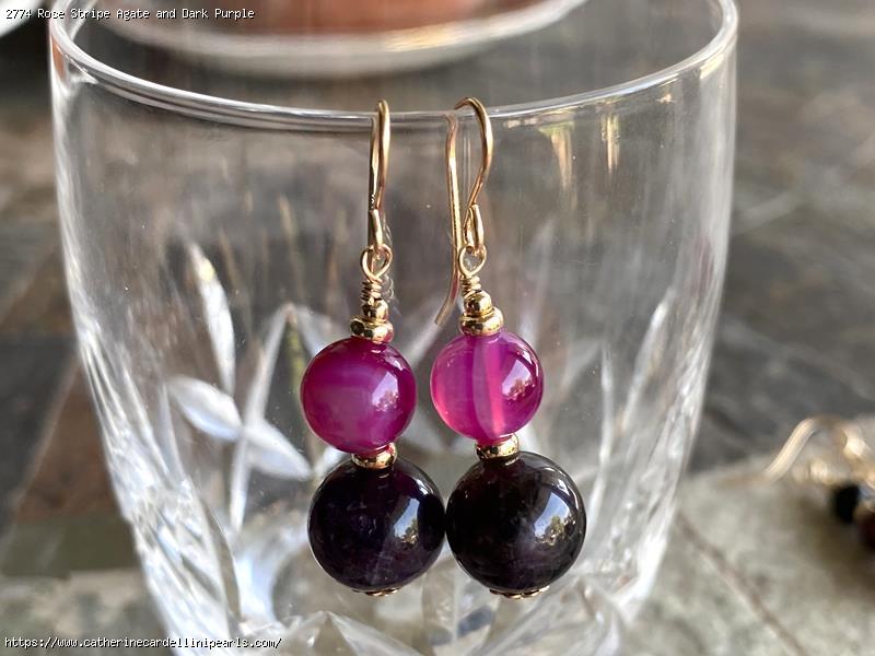Rose Stripe Agate and Dark Purple Amethyst Earrings
