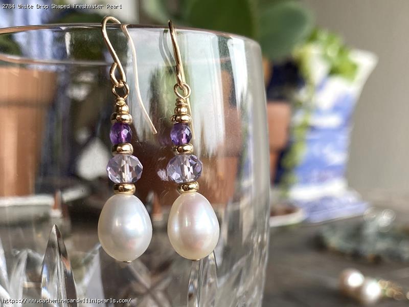 White Drop Shaped Freshwater Pearl with Amethyst Earrings