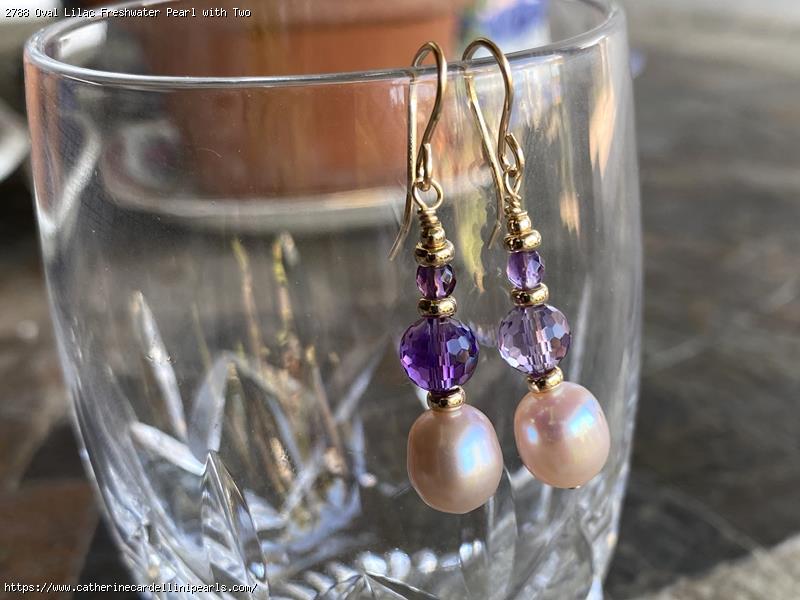 Oval Lilac Freshwater Pearl with Two Amethysts Earrings