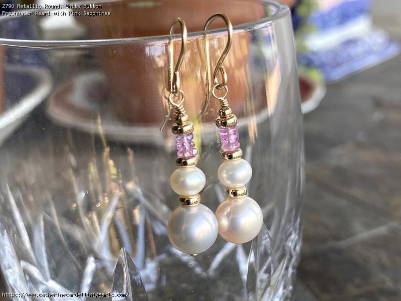 Metallic Round, White Button Freshwater Pearl with Pink Sapphires Earrings