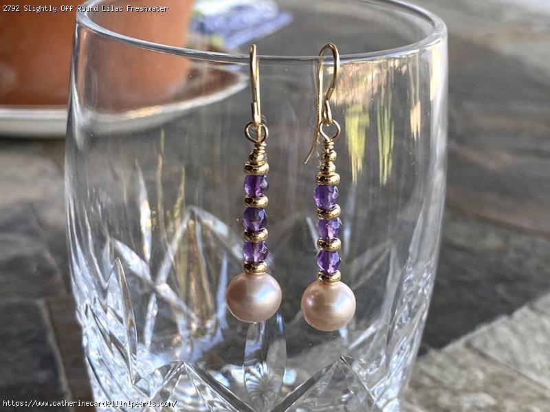 Slightly Off Round Lilac Freshwater Pearl with Amethyst Earrings