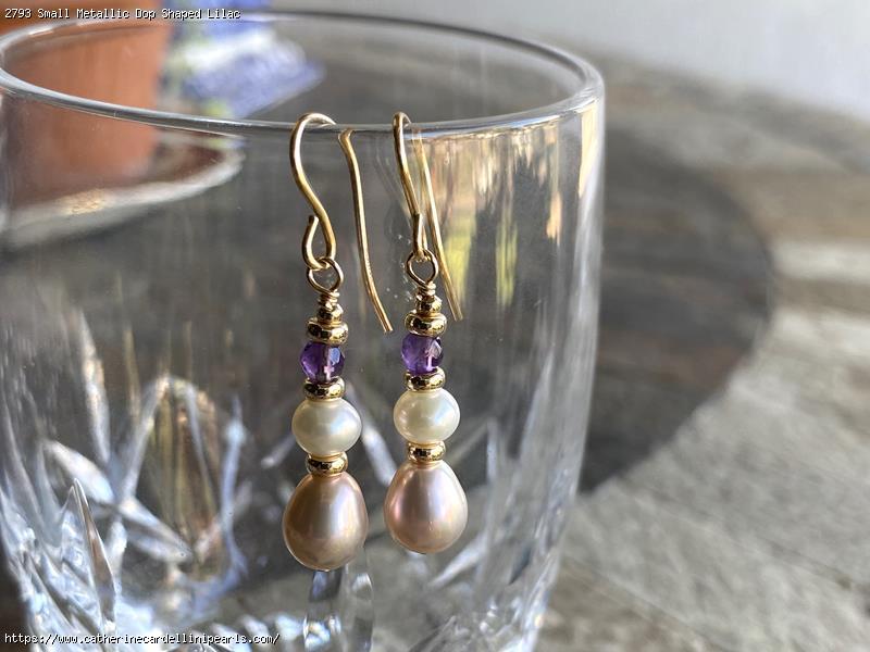 Small Metallic Dop Shaped Lilac Freshwater Pearl with Amethyst Earrings