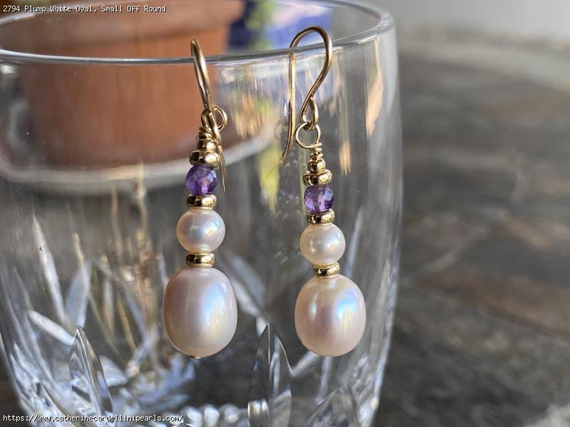 Plump White Oval, Small Off Round Freshwater Pearl with Amethyst Earrings